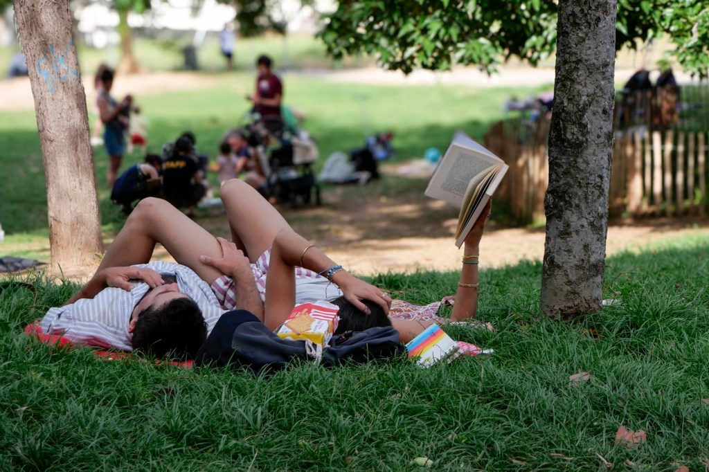 Parc Longchamp, Marseille. Un couple allongé sur le dos dans l'herbe en été à l'ombre de deux arbres. La femme en short à rayures lit un livre qu'elle tient en l'air de la main droite. L'homme, allongé près d'elle, pose la main sur la cuisse. A l'arrière, des gens assis dans l'herbe et debout qu'on distingue peu.